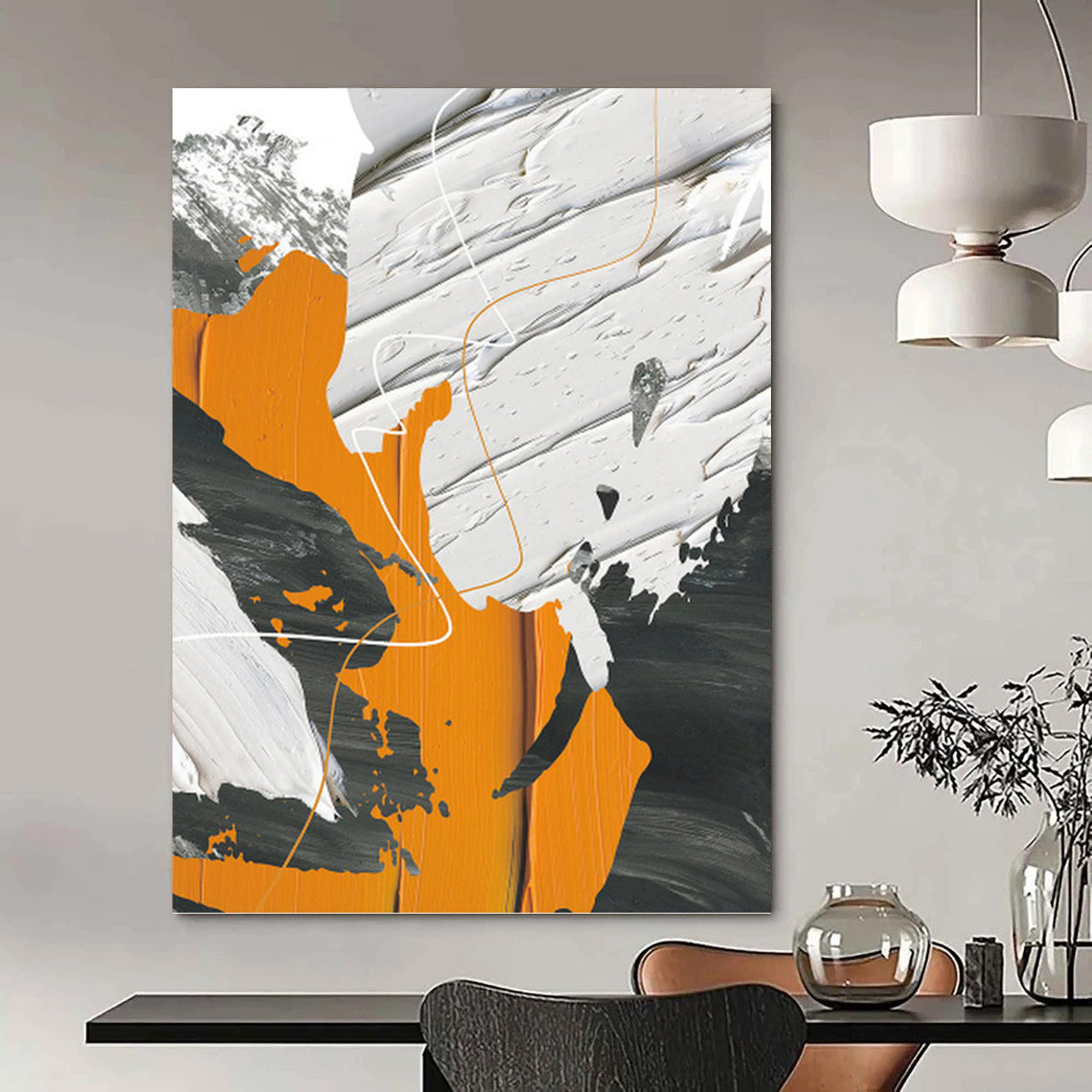 “Orange, Gray, and White Abstract” - Modern, Geometric - Styled Painting On Canvas PT1528