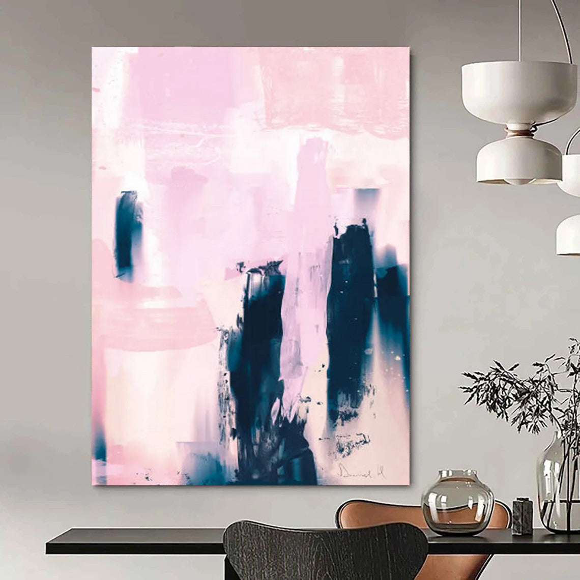 “Pink & Indigo Abstract Towers” - Soft Hues & Bold Forms Painting On Canvas DS179