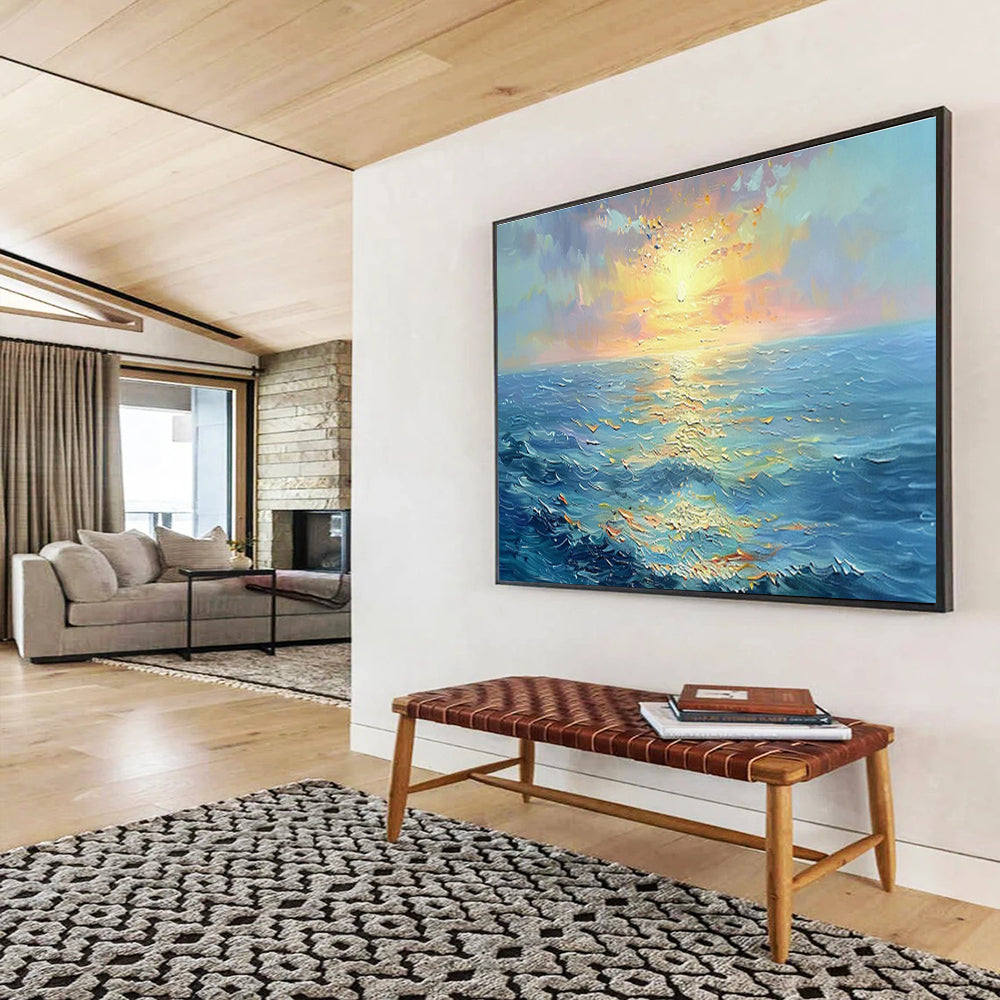 “Vibrant Sunset Sea” - Blue, Orange & Yellow Landscape, Expressive Oil Painting On Canvas DKS760