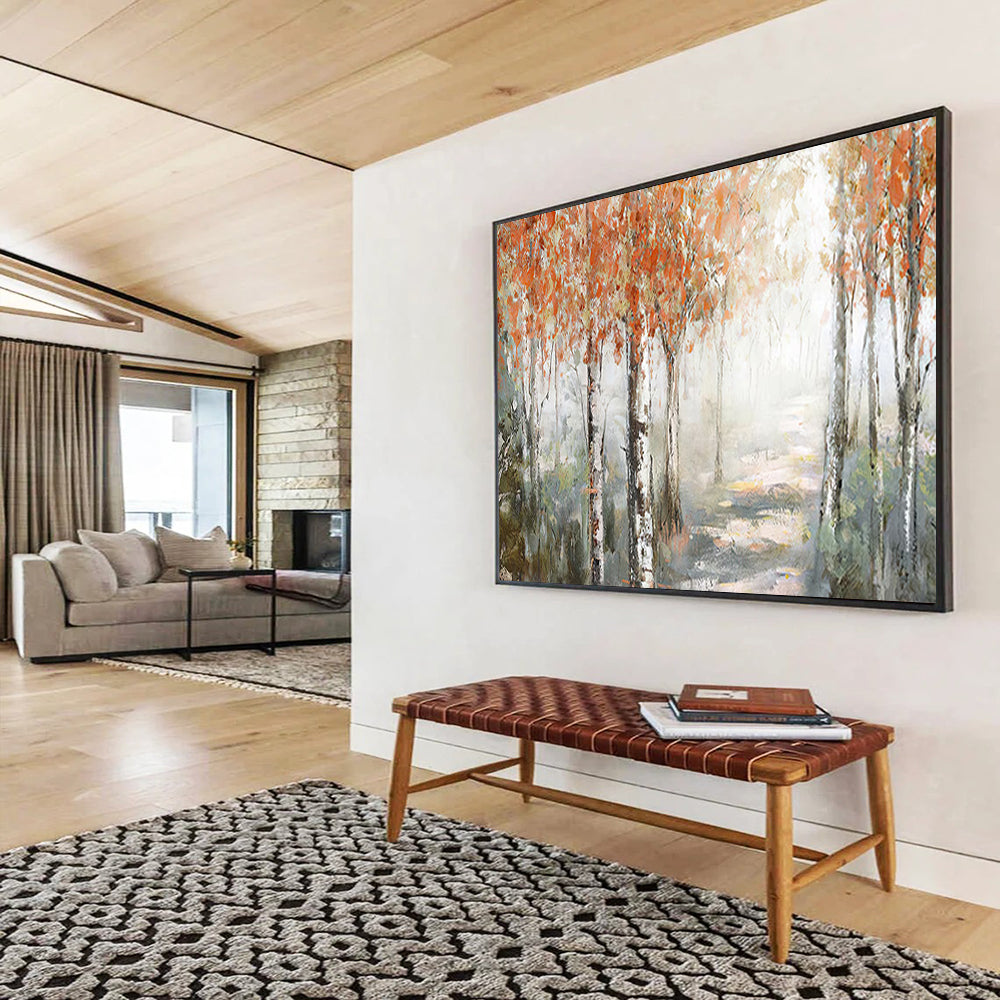 “Autumn Birch Forest Path” - Misty Landscape Painting On Canvas PT222