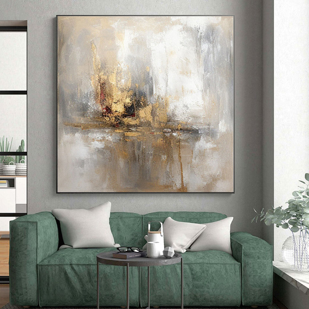 “Gold - Beige Reflective Abstract” - Gold, Beige, Gray Abstract Impressionist Painting On Canvas PS0570