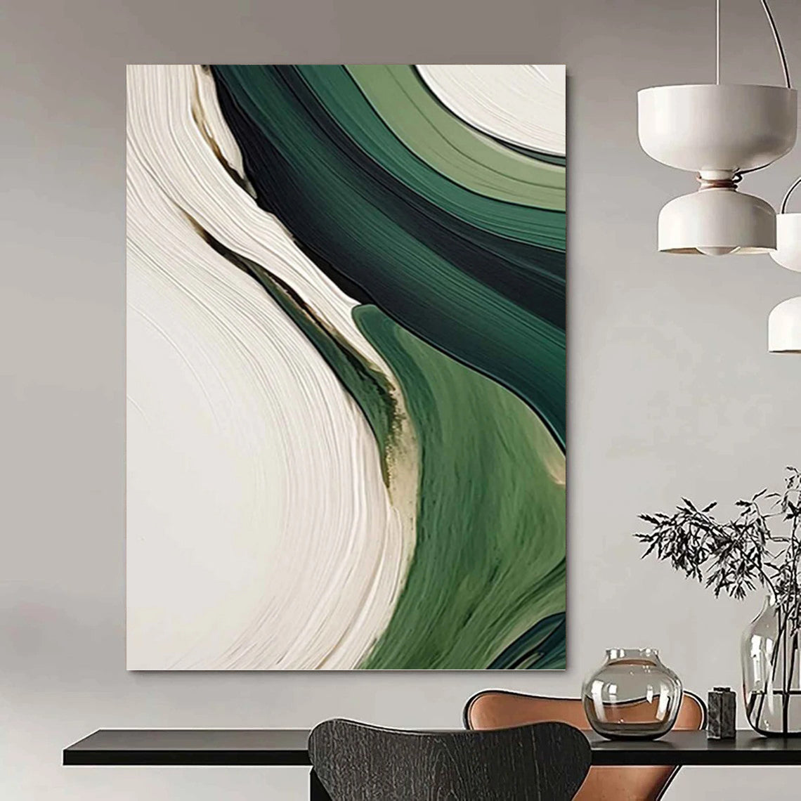 “Green & White Flowing Abstraction” - Fluid, Abstract Shapes Painting On Canvas PT1468