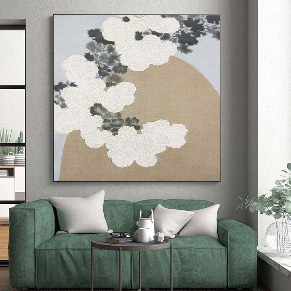 “White Blossoms & Beige Rock” - White, Gray, Beige Floral Abstract Painting On Canvas PS0750