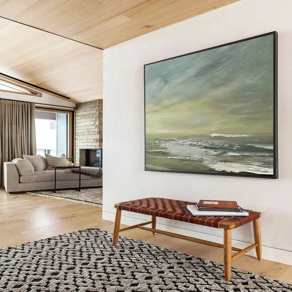“Muted Coastal Landscape in Greens and Grays” - Subtle Seascape Oil Painting On Canvas PT027