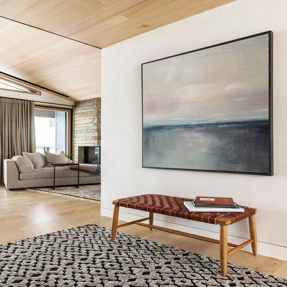 “Soft Coastal Horizon in Neutrals and Blues” - Minimalist Seascape Oil Painting On Canvas PT028