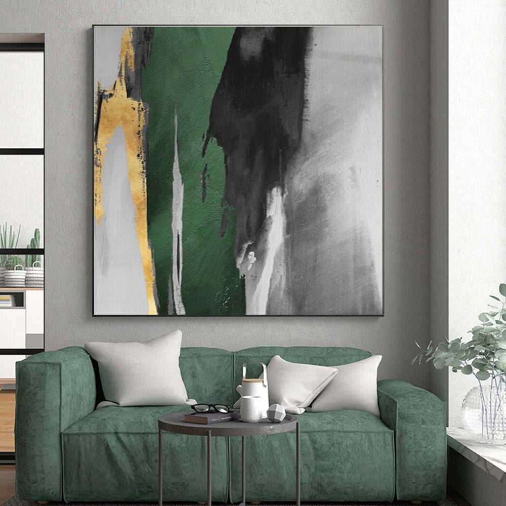 “Green - Gold Abstract Streaks” - Green, Gray, Gold, White Abstract Gestural Painting On Canvas PS0637