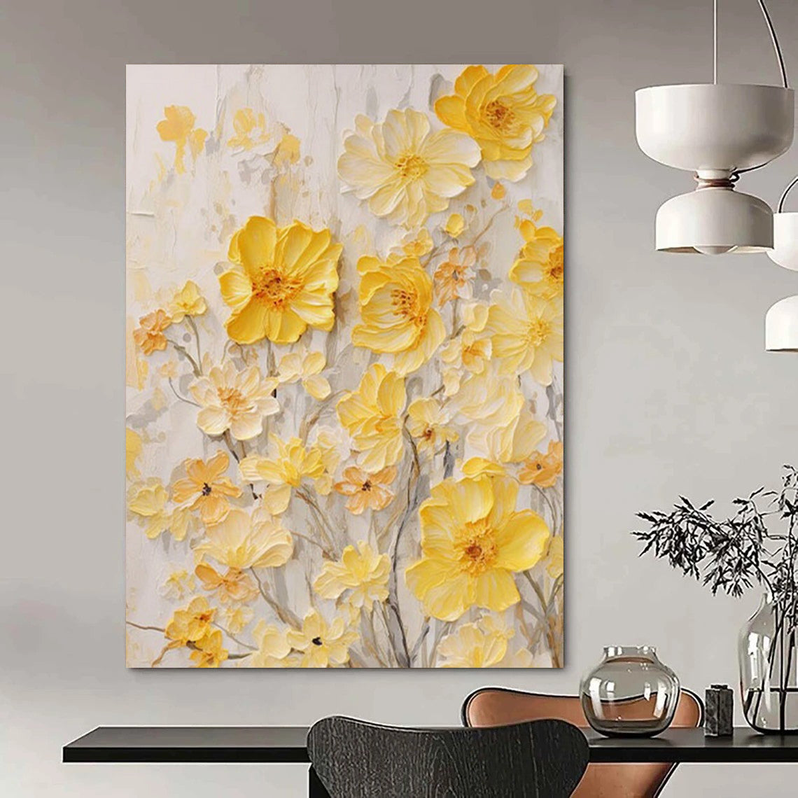 “Yellow Floral Relief” - Textured Floral Painting On Canvas DS289