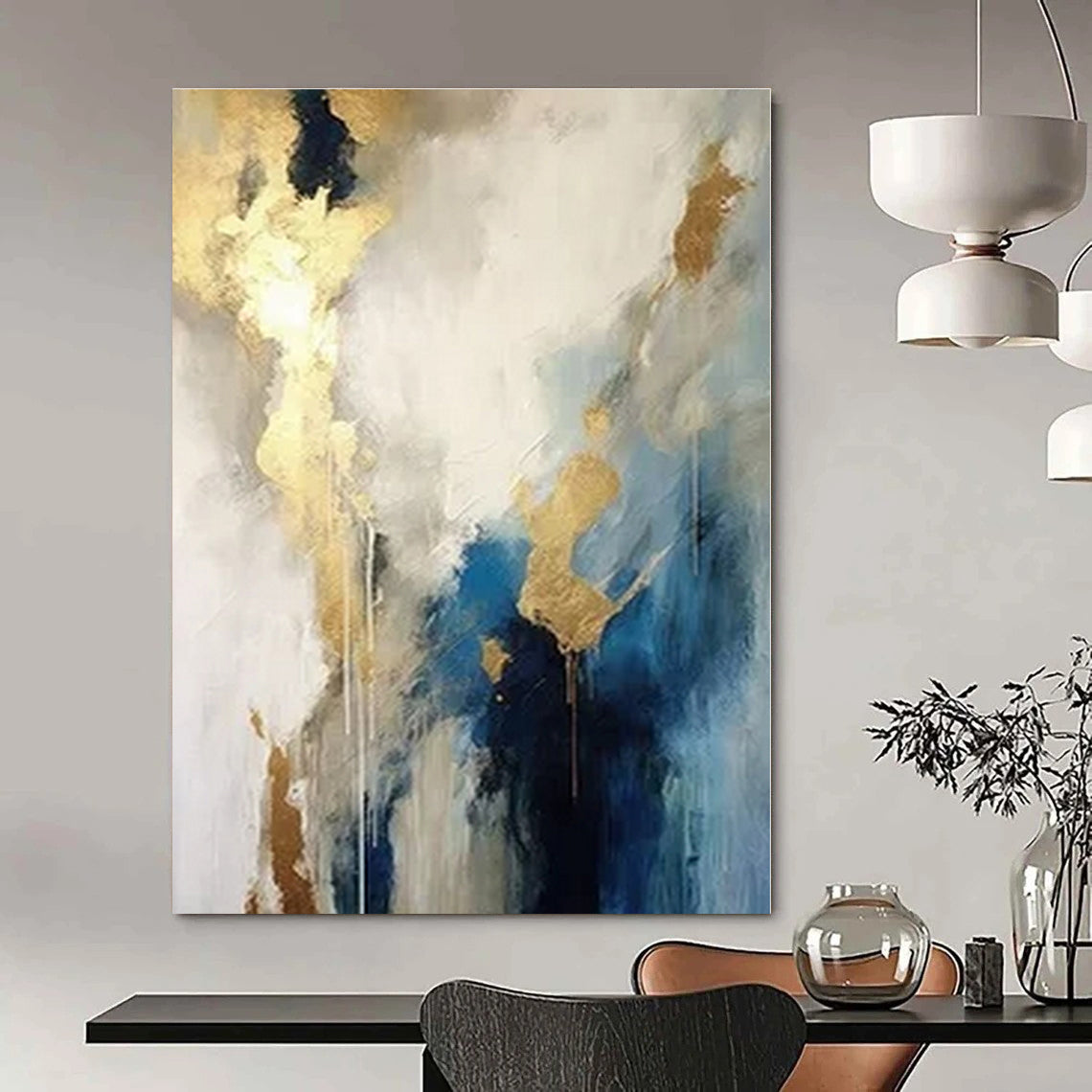 Blue, White, and Gold Abstract Echo - Repeated Flowing Color Painting On Canvas PS1240