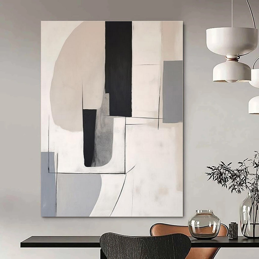 Black, White, Gray with Curved & Straight Lines "Geometric Flow" Abstract Painting On Canvas PS1375
