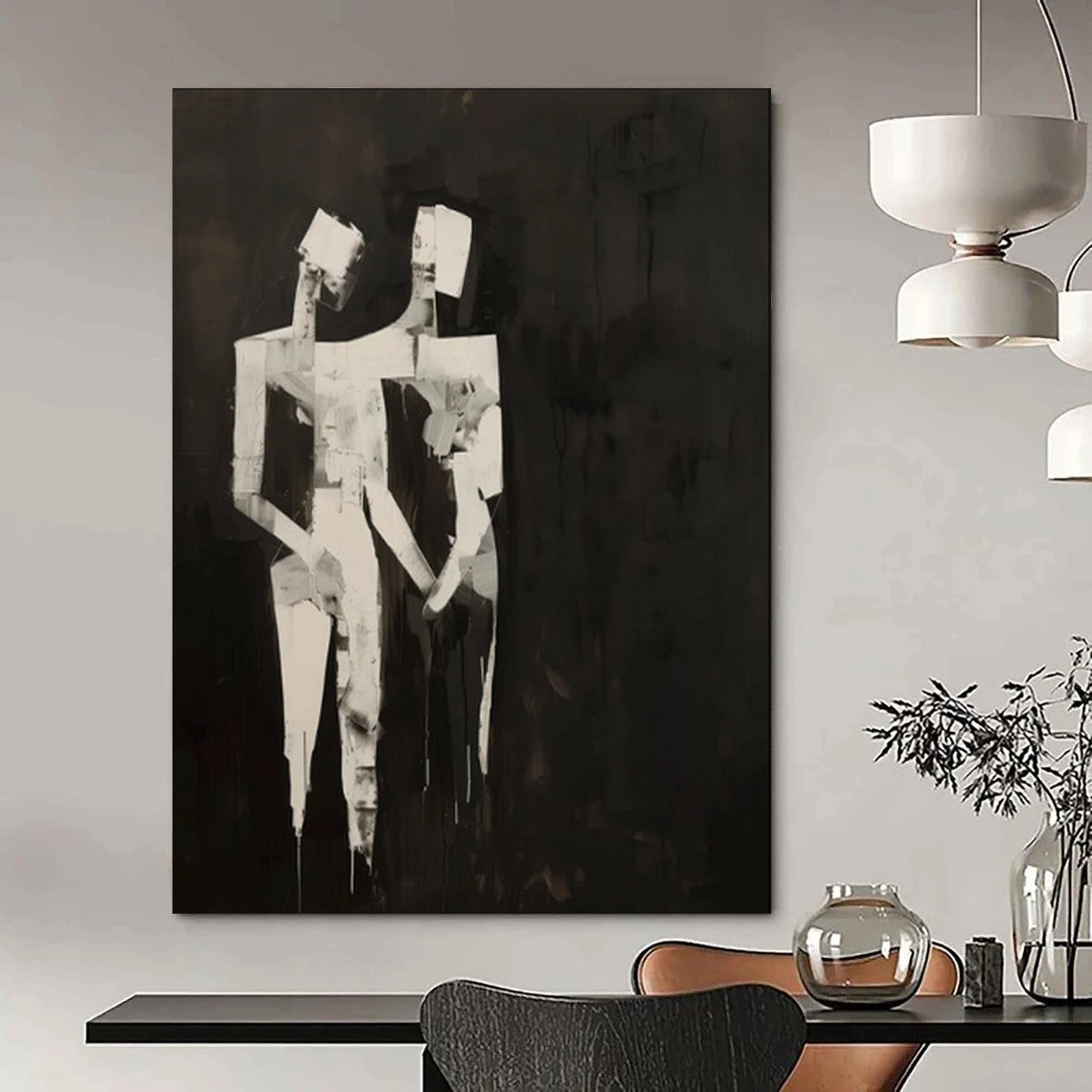 “Abstract Black and White Figures” - Cubist Abstract Painting On Canvas PT1934