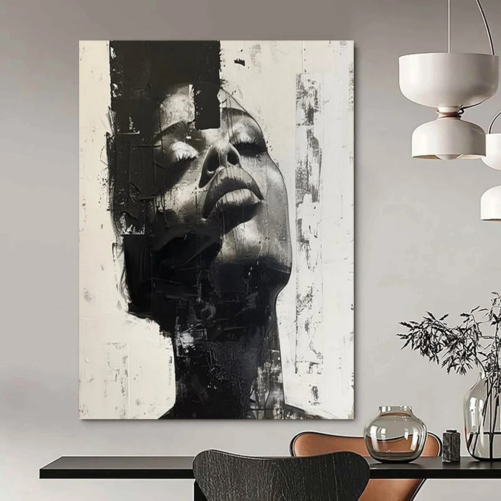 “Abstract Portrait” - Textured Black & White Facial Layers Painting On Canvas DS139