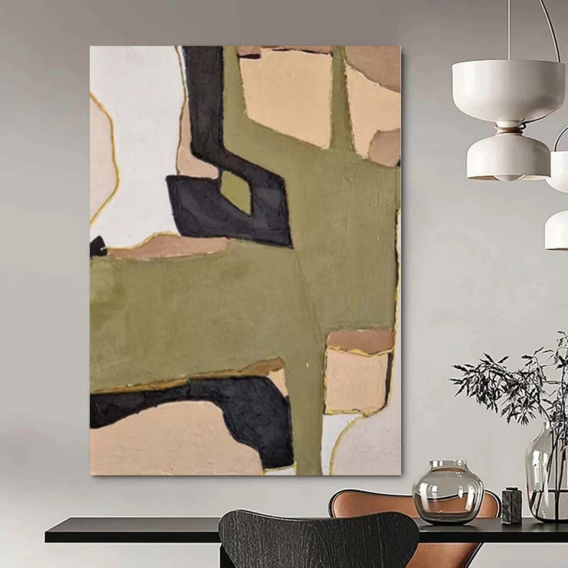 “Green - Beige - Black Geometric” - Mid - Century Abstract Painting On Canvas PS0169