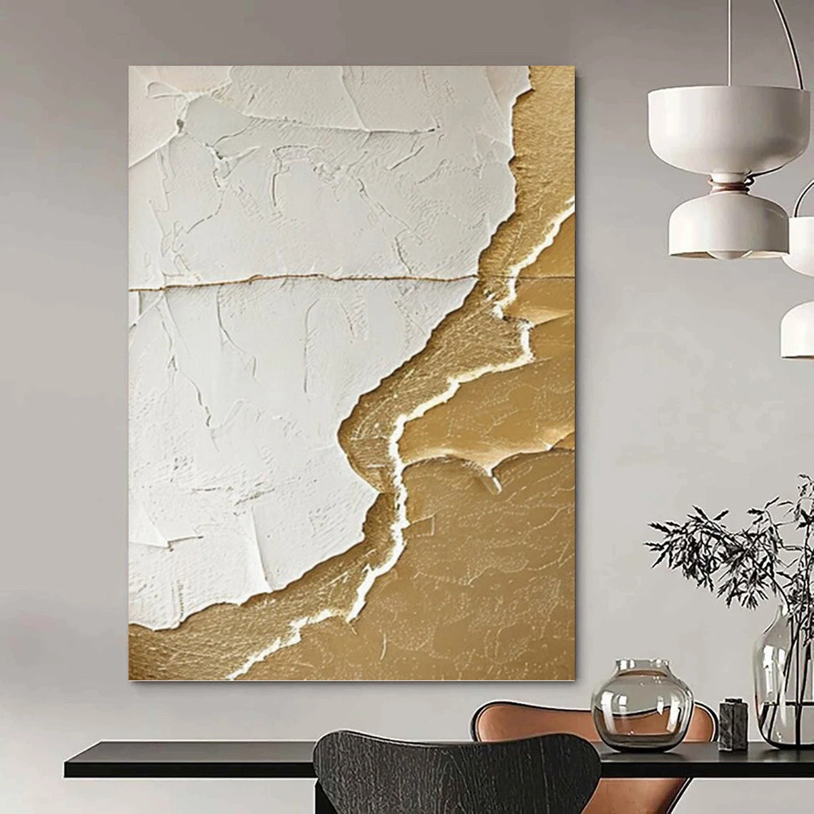 “White and Gold Textured Abstract” - Luxe Relief Painting On Canvas PT0986