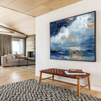 “Azure Sky & Gold Reflections” - Blue, White & Gold Abstract Landscape, Textured Sky Oil Painting On Canvas DKS684