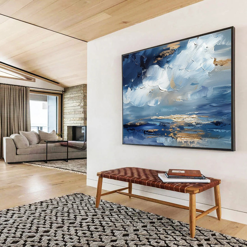 “Azure Sky & Gold Reflections” - Blue, White & Gold Abstract Landscape, Textured Sky Oil Painting On Canvas DKS684