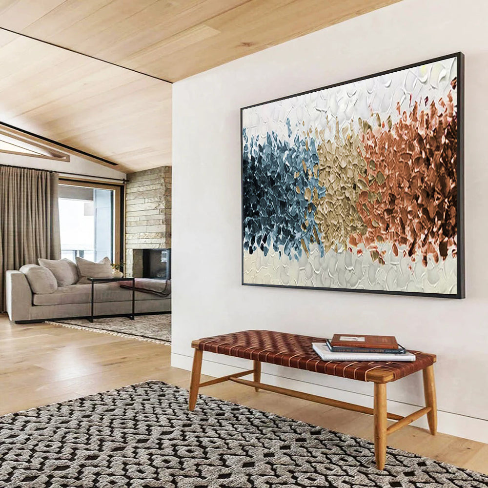 “Blue - Gray - Brown Textured Stripes” - Abstract Color Block, Palette Knife Oil Painting On Canvas DKS691