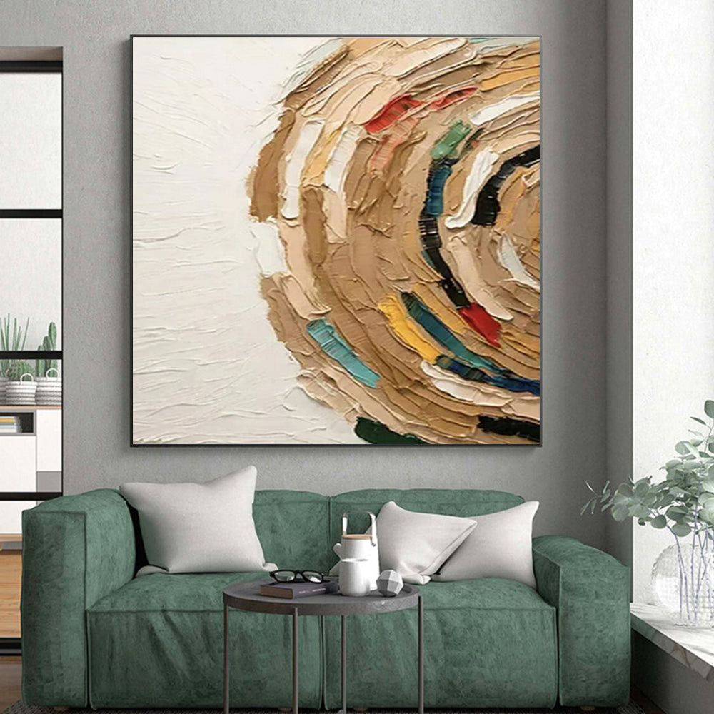 “Colorful Textured Circle” - Multicolor, Beige, Blue, Red, Yellow Abstract Impasto Painting On Canvas PS0663