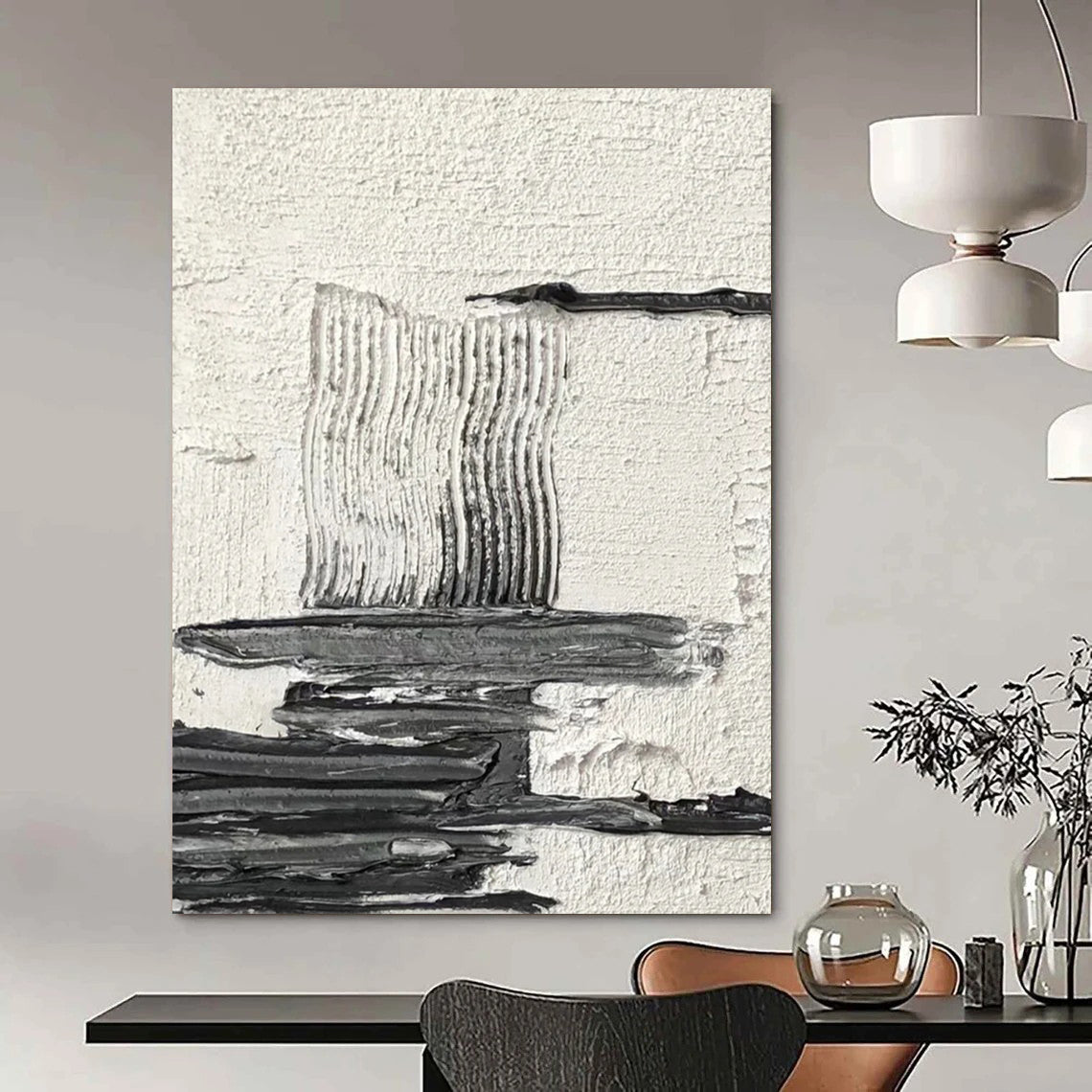 “Textured Black and White Abstract Composition” - Layered Abstract Painting On Canvas DS388