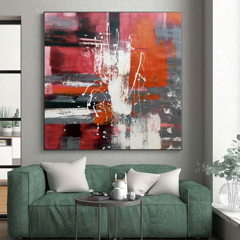 “Red - Grey - White Abstract Energetic Splashes” - Dynamic Abstract Painting On Canvas PS0313