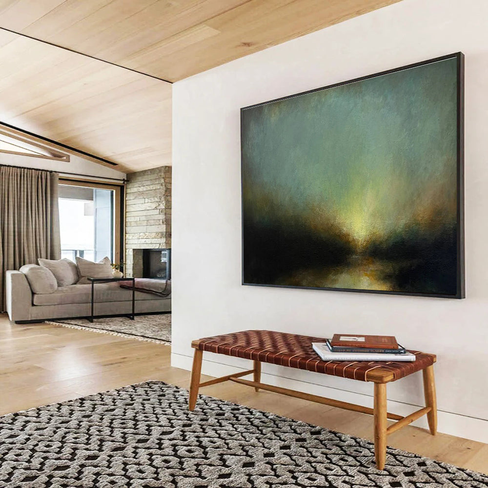 “Moody Greenish Glow” - Green, Yellow & Black Landscape, Impressionistic Oil Painting On Canvas DKS777