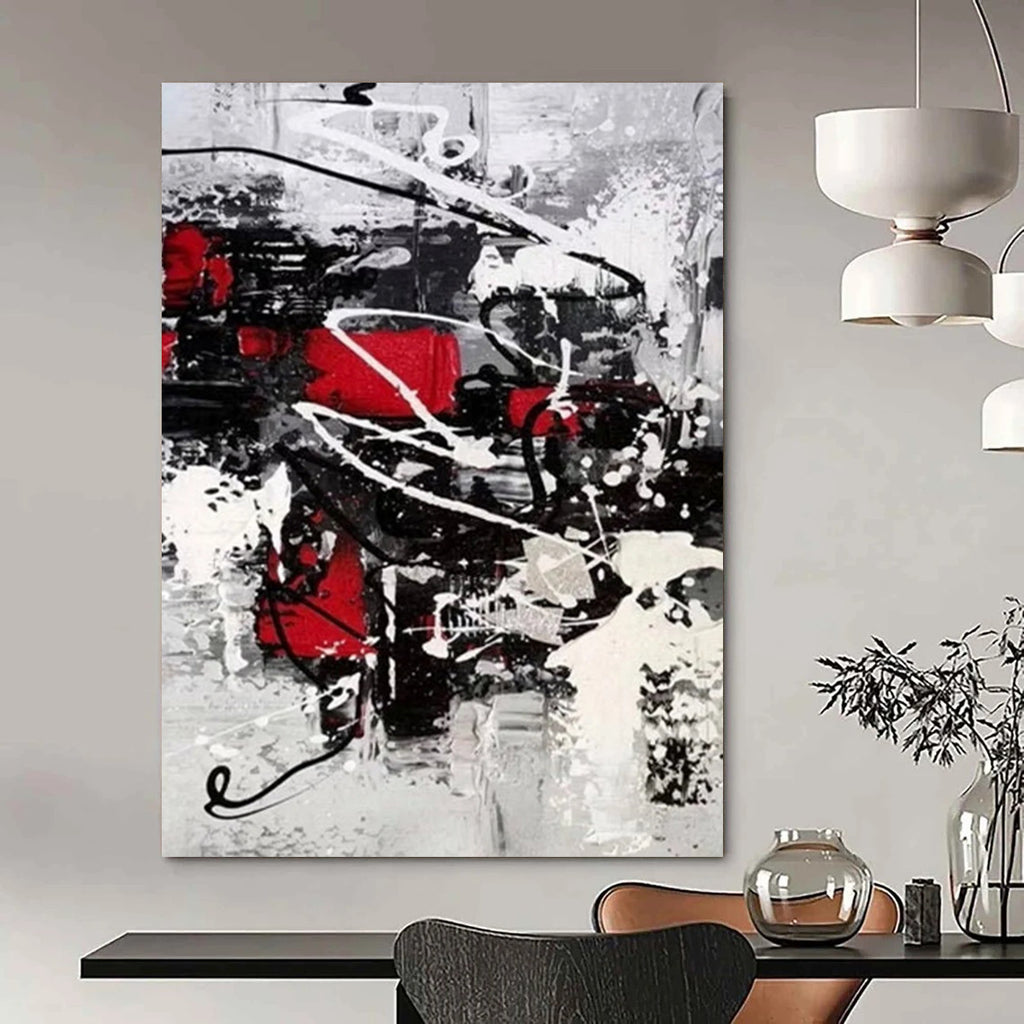 “Dynamic Red, Black, and White Abstract” - Energetic Abstract Painting On Canvas DS383