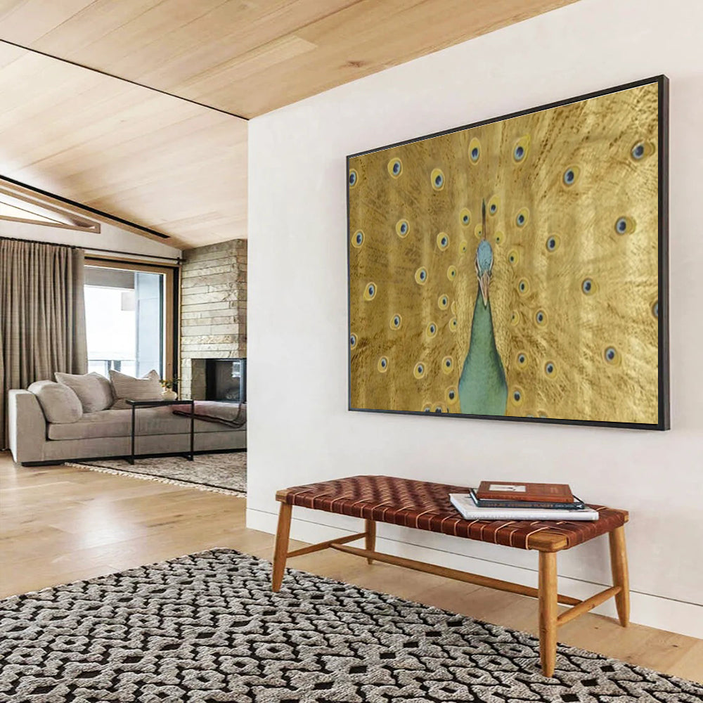 “Golden Peacock Display” - Gold, Blue & Green Animal, Ornate Oil Painting On Canvas DKS740