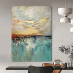 Blue, Gray, Gold with Impasto "Sunset Reflection" Abstract Painting On Canvas PS1422