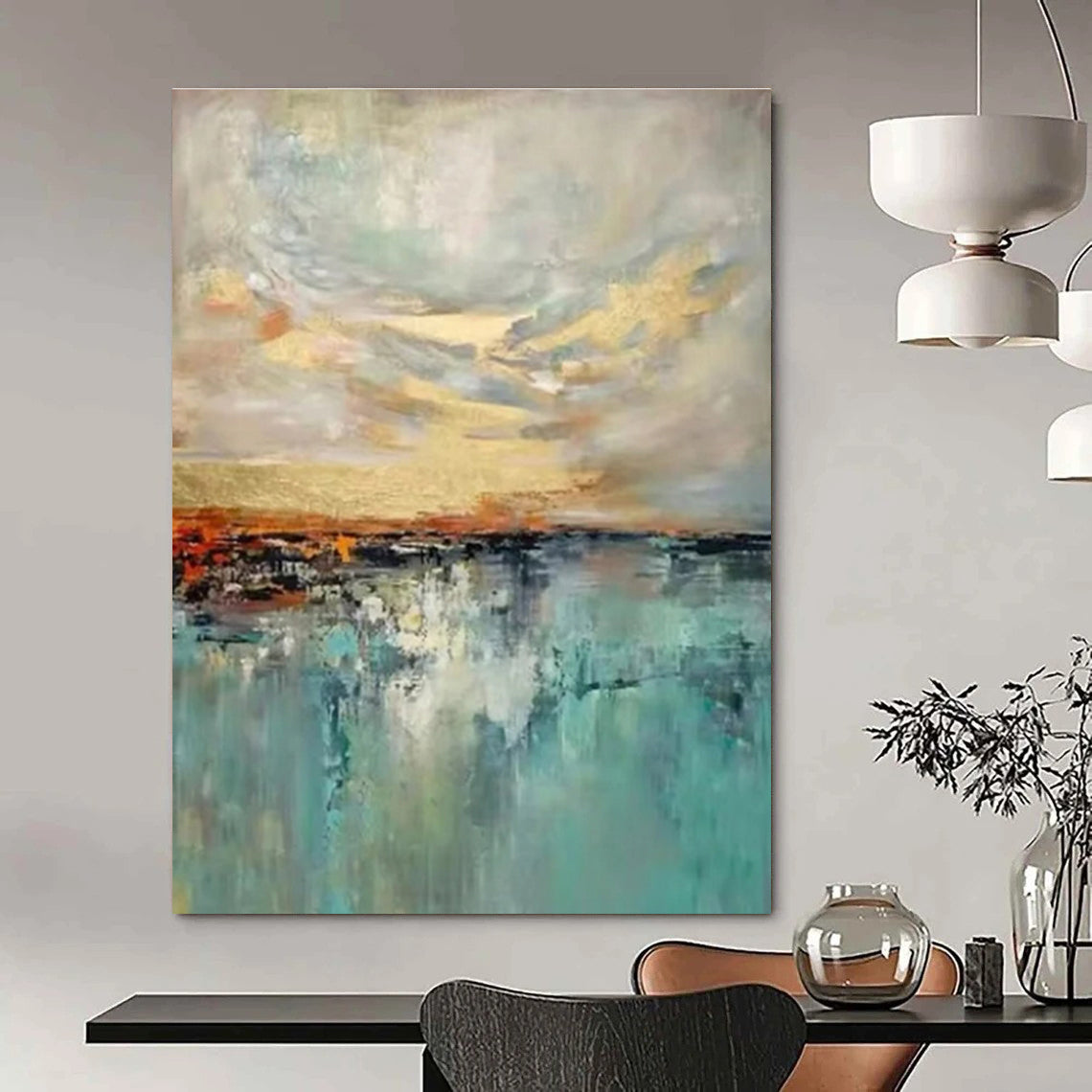 Blue, Gray, Gold with Impasto "Sunset Reflection" Abstract Painting On Canvas PS1422