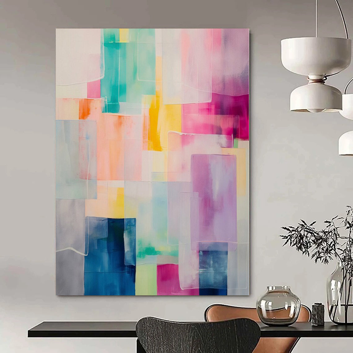 Colorful Translucent Rectangles "Hue Harmony" Abstract Painting On Canvas PS1177
