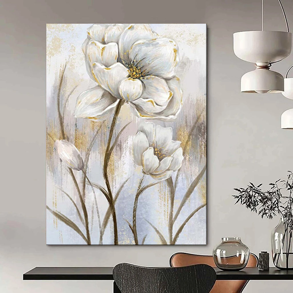 “Elegant White Flowers with Gold Details” - Floral Painting On Canvas PT1906