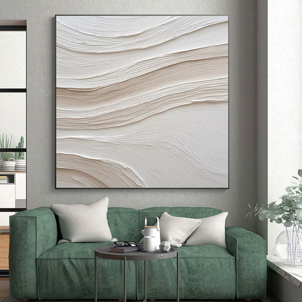 “White - Beige Wave Impasto” - White, Beige Abstract Impasto Painting On Canvas PS0722