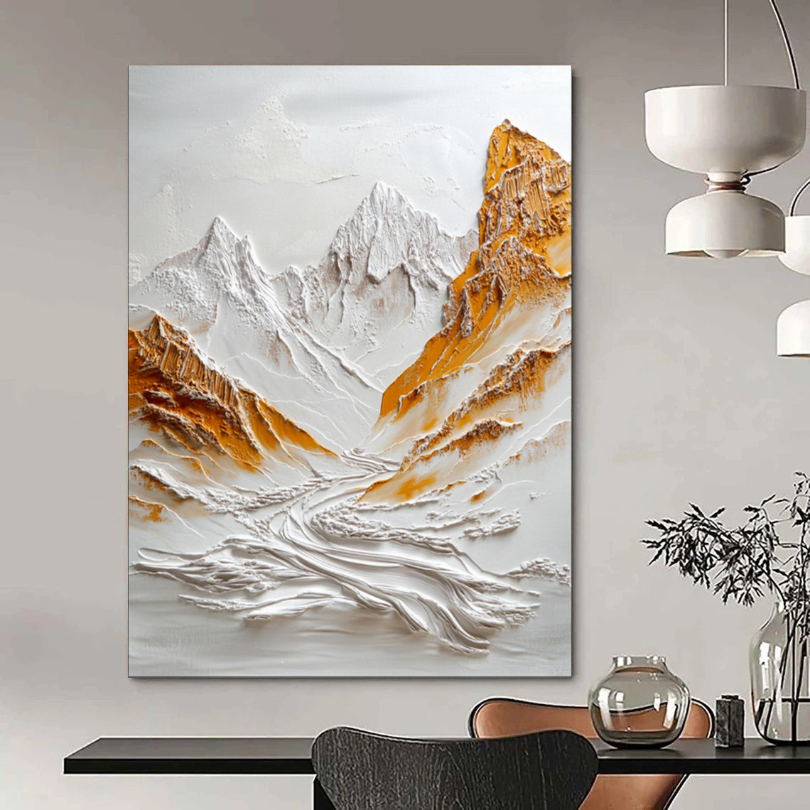 “White - Gold Textured Mountain Relief” - 3D Abstract Painting On Canvas PT2072