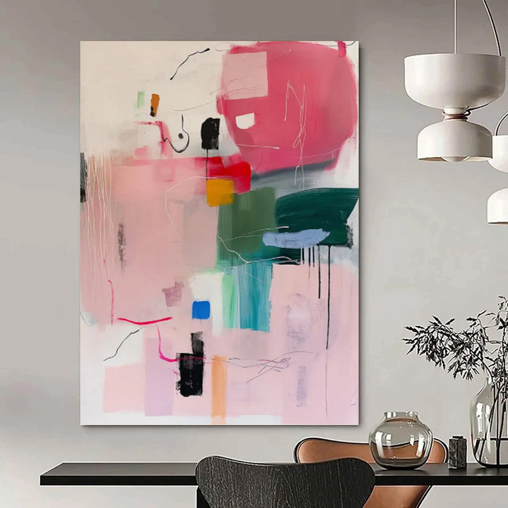 “Pink and Colorful Shapes Abstract” - Energetic Abstract Expressionism On Canvas PT0998