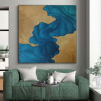 “Blue - Gold Abstract Flowing Shapes” - Elegant Abstract Painting On Canvas PS0343