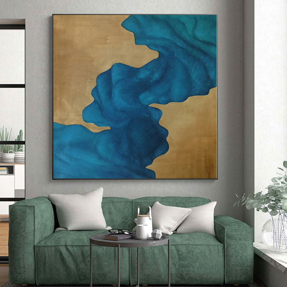 “Blue - Gold Abstract Flowing Shapes” - Elegant Abstract Painting On Canvas PS0343