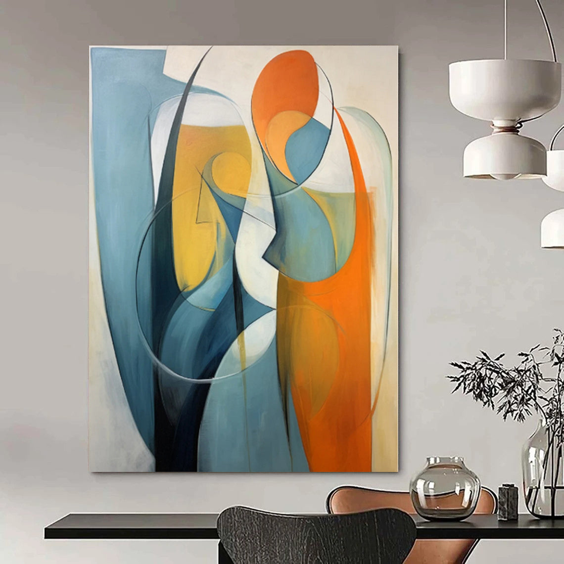 “Blue - Orange Abstract Figures” - Cubist Abstract Painting On Canvas PS0188