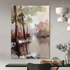 “Pastel - Toned River Forest” - Impressionist Landscape Painting On Canvas PT1296