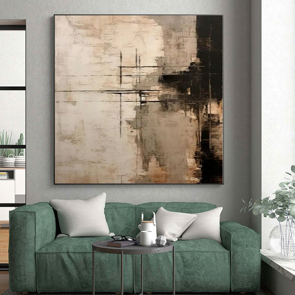 “Neutral Toned Abstract with Black Crossed Lines” - Geometric Abstract Painting On Canvas PS0272