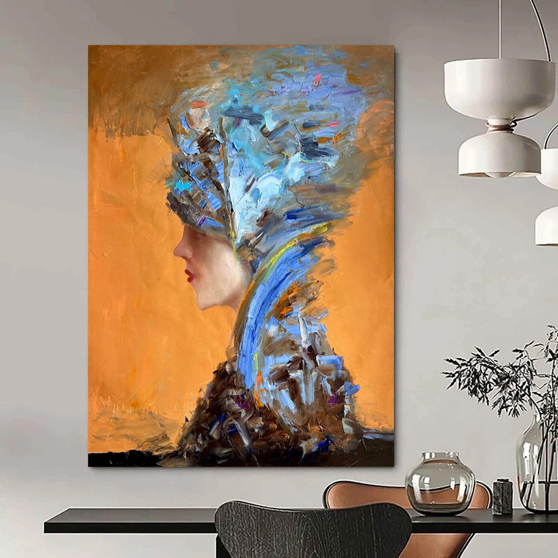“Blue and Brown Abstract Headpiece on Orange” - Expressive Portrait - Inspired Painting On Canvas DS348