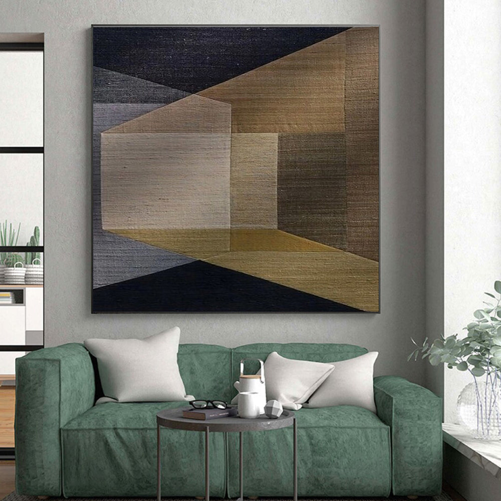 “Earthy Geometric Fusion” - Brown, Gray, Gold Abstract Geometric Painting On Canvas PS0677