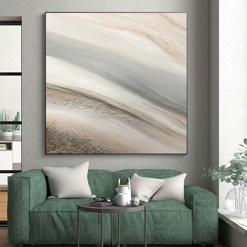 “Soft Silver - Beige Flow” - Silver, Beige, Gray Abstract Fluid Painting On Canvas PS0652