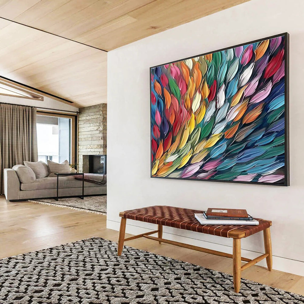 “Colorful Feather Cascade” - Rainbow - Hued Abstract Feathers, Textured Acrylic Painting On Canvas DKS689