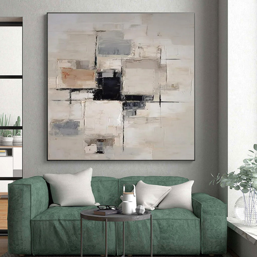 Beige, Gray & Black Geometric Abstract "Urban Grid" Painting On Canvas PS0868