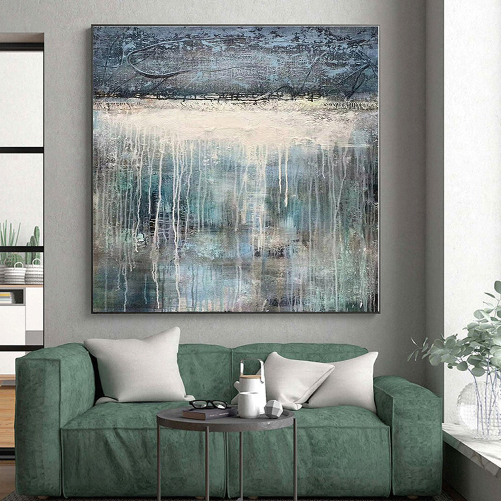 “Gray - Blue Dripping Landscape” - Gray, Blue Abstract Painting On Canvas PS0467