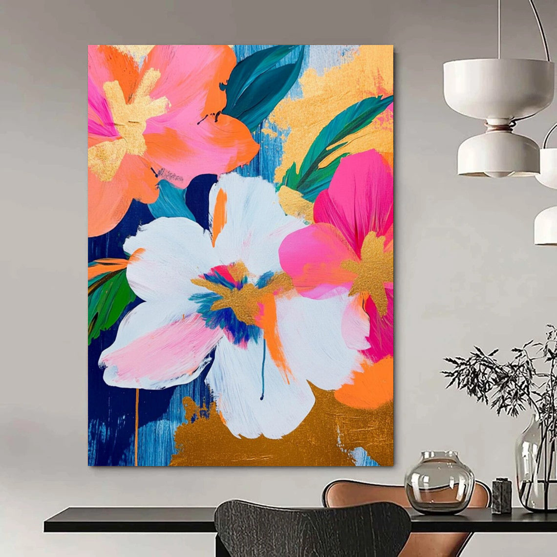 “Pink, Orange & Gold Floral” - Bold Floral Abstract Painting On Canvas DS284
