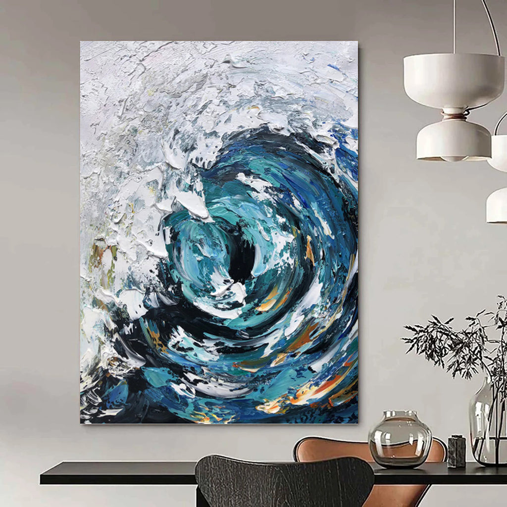 “Blue - White Swirling Wave” - Impasto Seascape Painting On Canvas PT1295