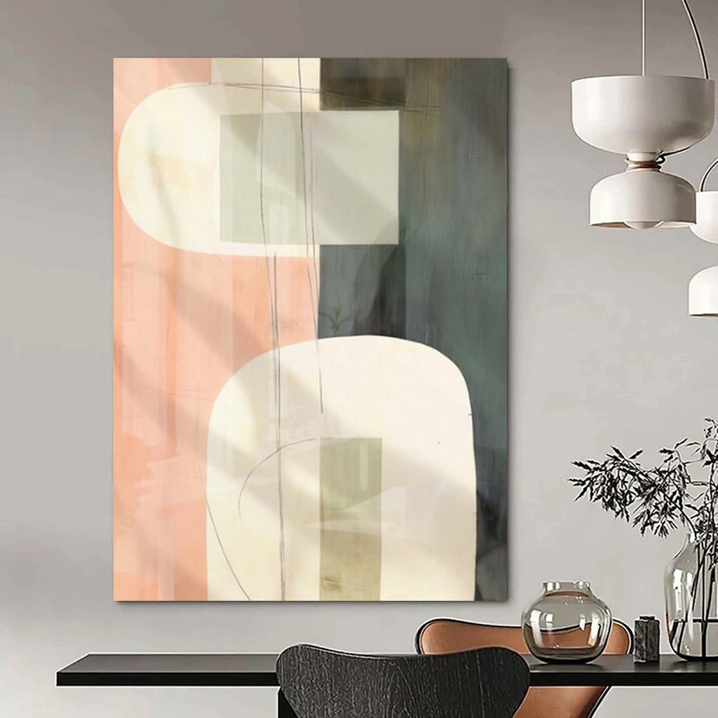 Peach, Gray, White, and Green Shapes "Gentle Geometry" Abstract Geometric Painting On Canvas PS1048