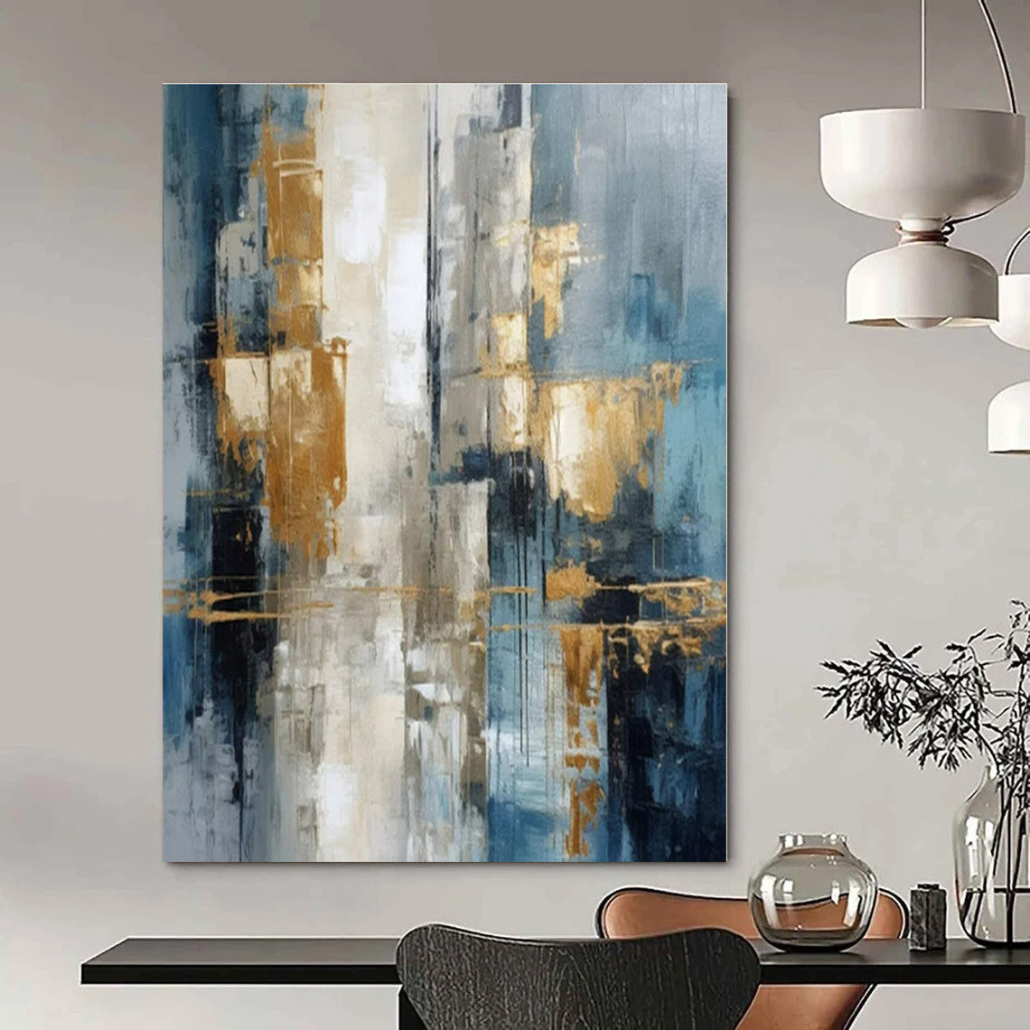 Blue, Gold, Gray with Abstract Forms "Gilded Skies" Abstract Painting On Canvas PS1257