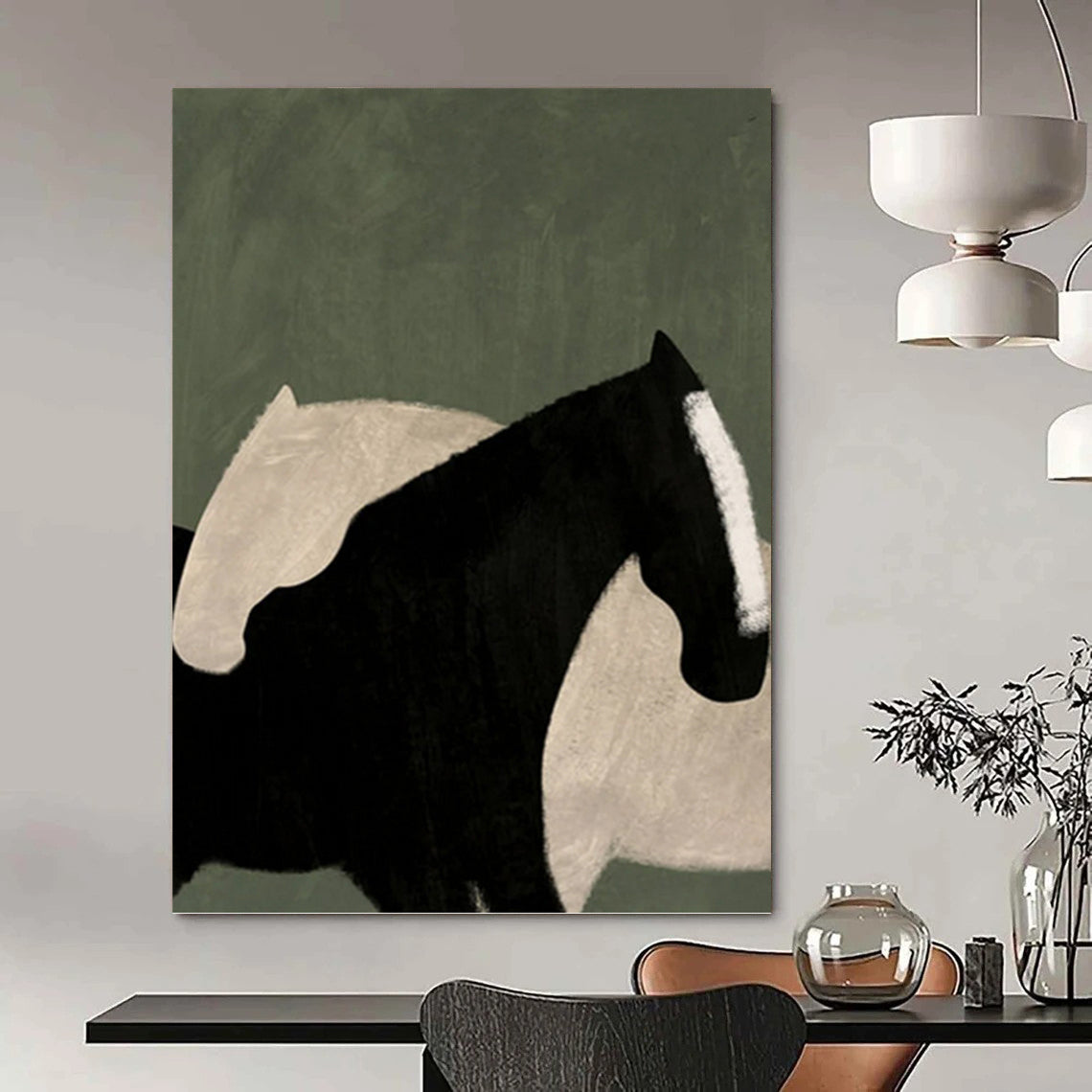 “Abstract Black & White Horses on Green” - Abstract - Inspired Animal Painting On Canvas PT1411