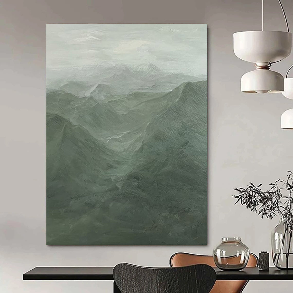 “Misty Green Mountain Range” - Landscape, Green - Toned Painting On Canvas PT1497